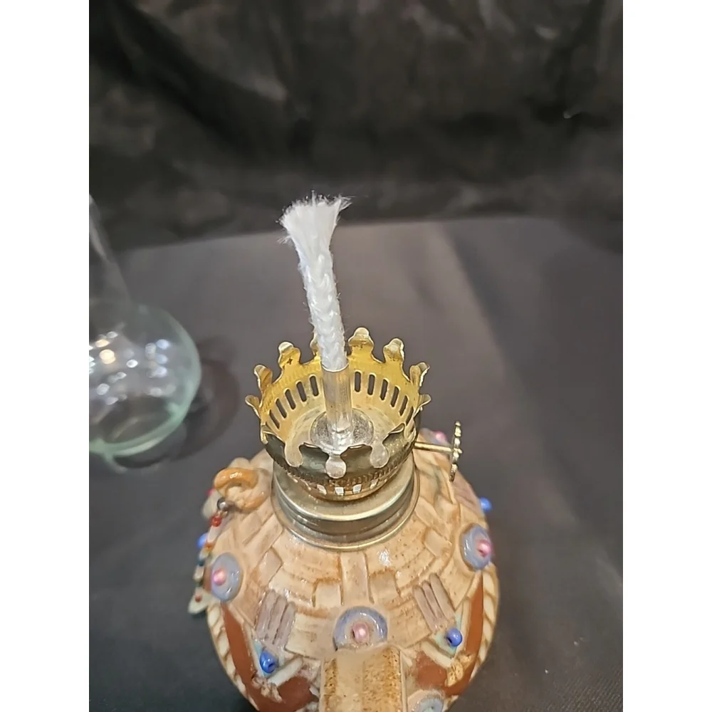 Vtg. Handmade Miniature Pottery Oil Lamp, Artist Signed, 7.5